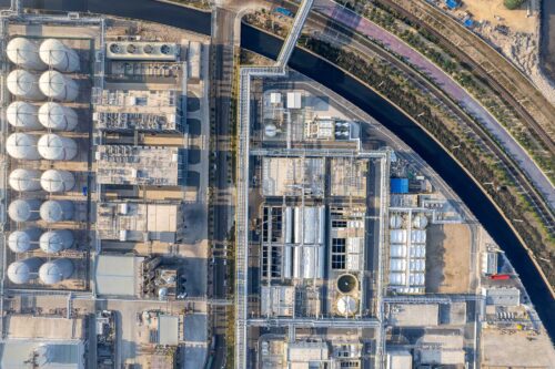aerial view of storage tanks at chemical plant