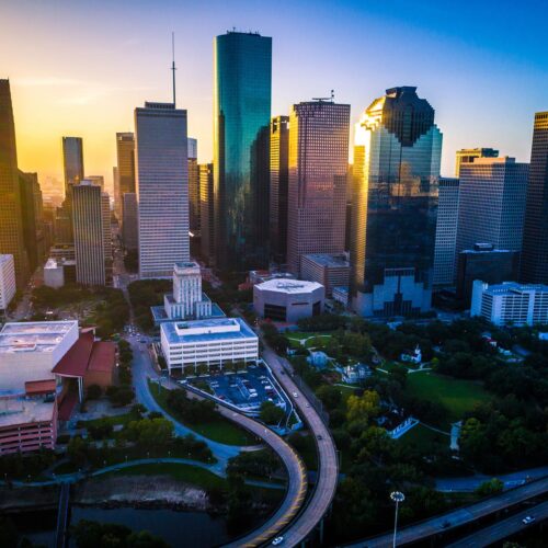 Houston cityscape in shadowed sunlight